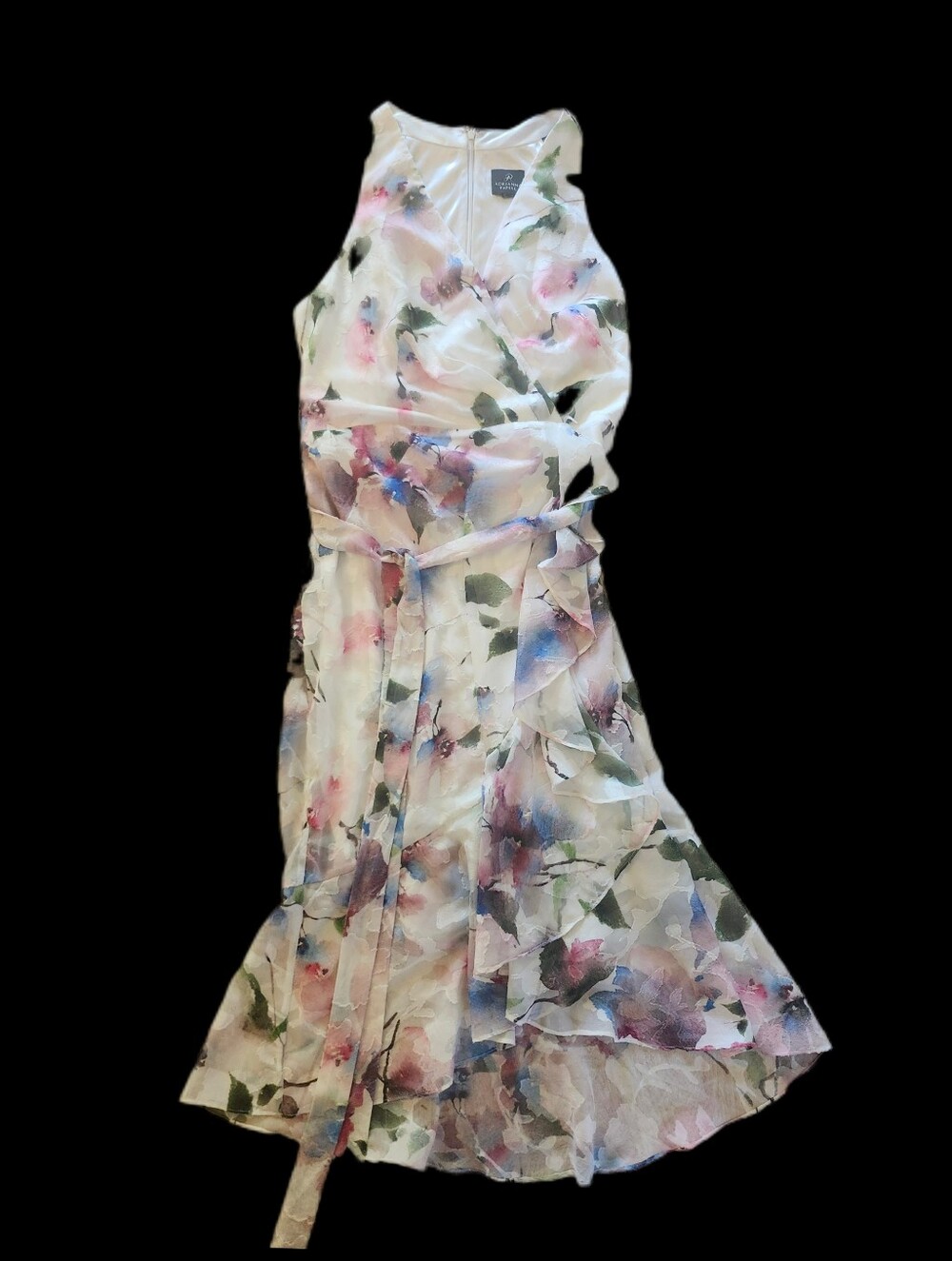 Adrianna Papell White Midi Dress with Pink, Blue & Green Floral Print
